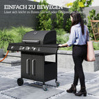 Fahrbarer Gasgrill mit Stauraum, Seitentisch, Seitenbrenner, Warmhalterost, Thermometer, Edelstahl, Schwarz