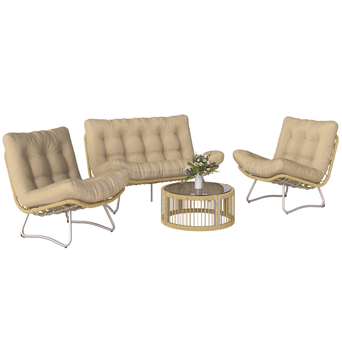 Gartenmöbel Set 4-teilig Polyrattan Lounge-Set mit Zweisitzer 2 Sessel Glastisch Breitem & Tiefem Sitz Dicke Kissen