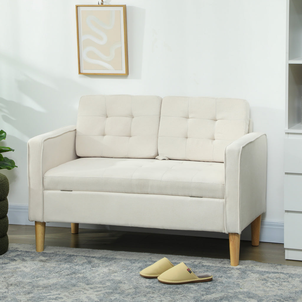 Zweisitzer-Sofa mit Stauraum, Knopfheftung, Kissen, Kautschukbaumholz, 117x62x78cm, Cremewei?