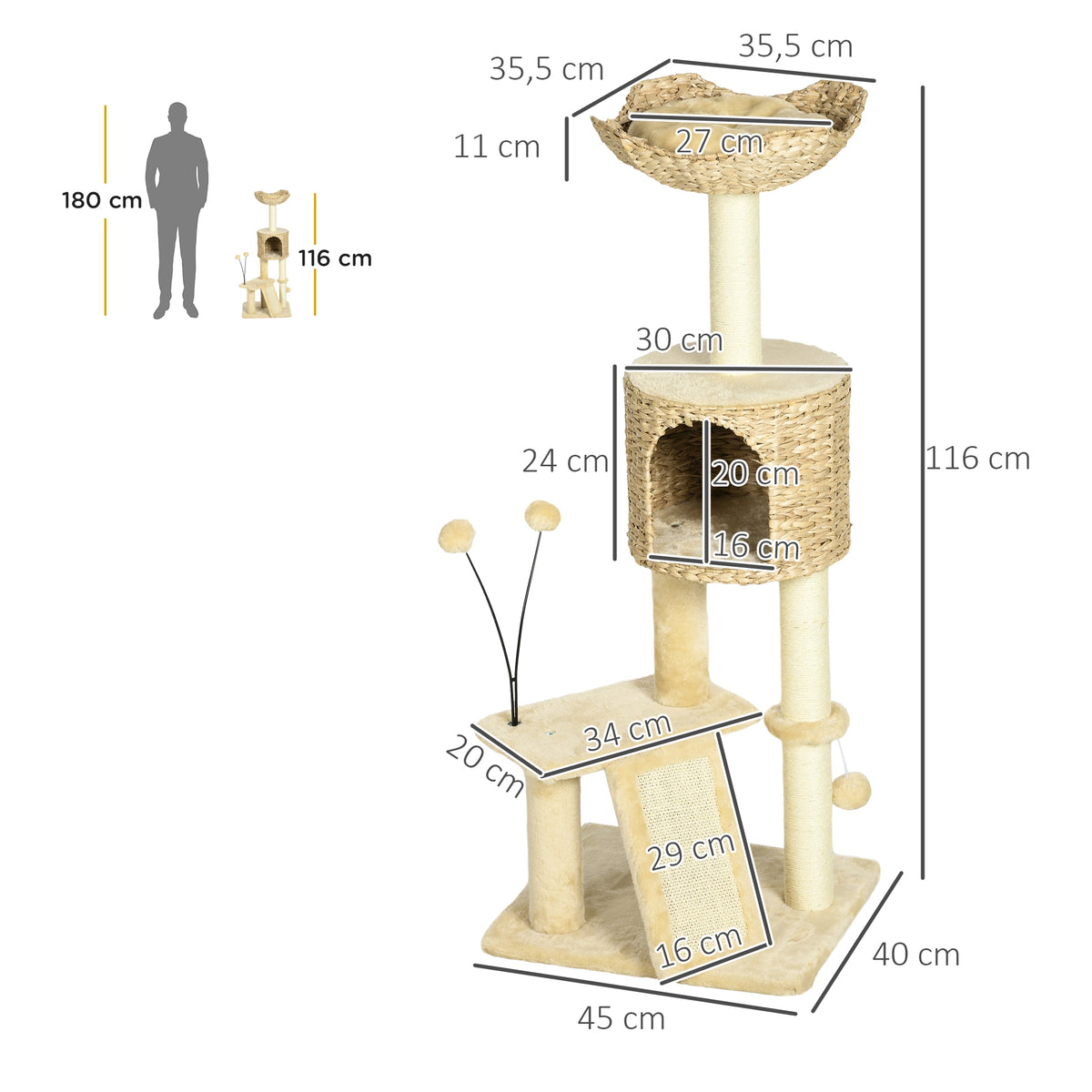 Kratzbaum mit Katzenhöhle, Liegeplattform, Spielball, 45x40x116cm, Braun/Beige