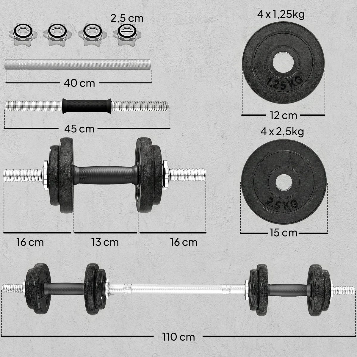 Hantelset 2-in-1 Kurzhanteln Langhanteln verstellbar bis 20 KG mit rutschfestem Griff für Krafttraining Zuhause Grau
