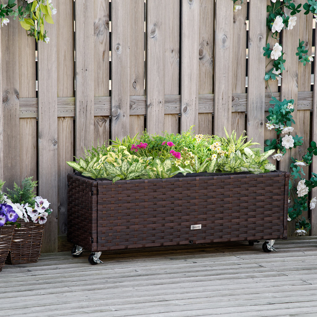Hochbeet Poly Rattan mit Rollen Pflanzkasten mit Abflusslöchern Blumenkasten Blumenkübel Kaffee-Braun 94,5 x 31 x 36 cm