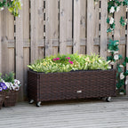 Hochbeet Poly Rattan mit Rollen Pflanzkasten mit Abflusslöchern Blumenkasten Blumenkübel Kaffee-Braun 94,5 x 31 x 36 cm