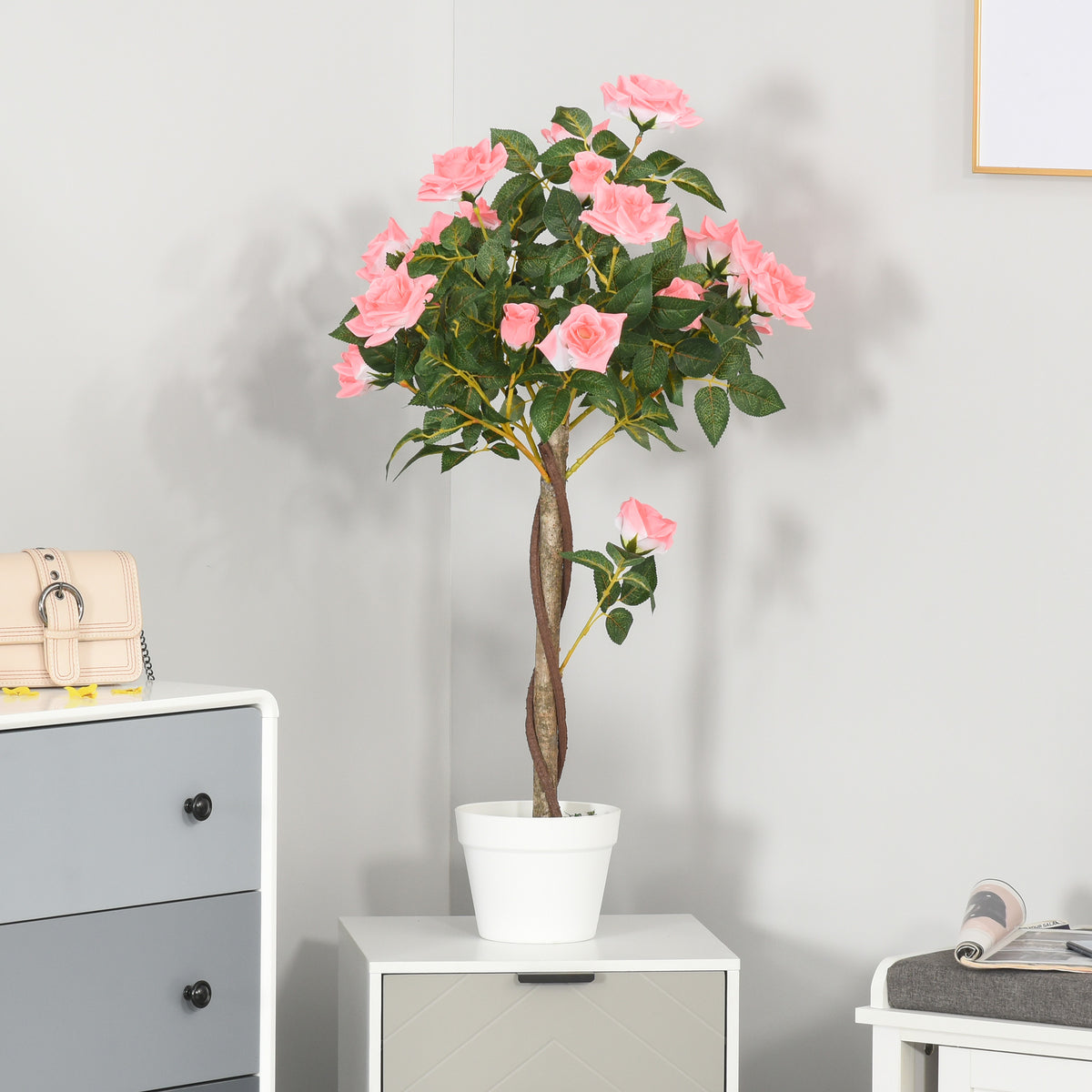 Artificial Plants Pink Rose Floral in Pot, Fake Plants for Home Indoor Decor, 90cm
