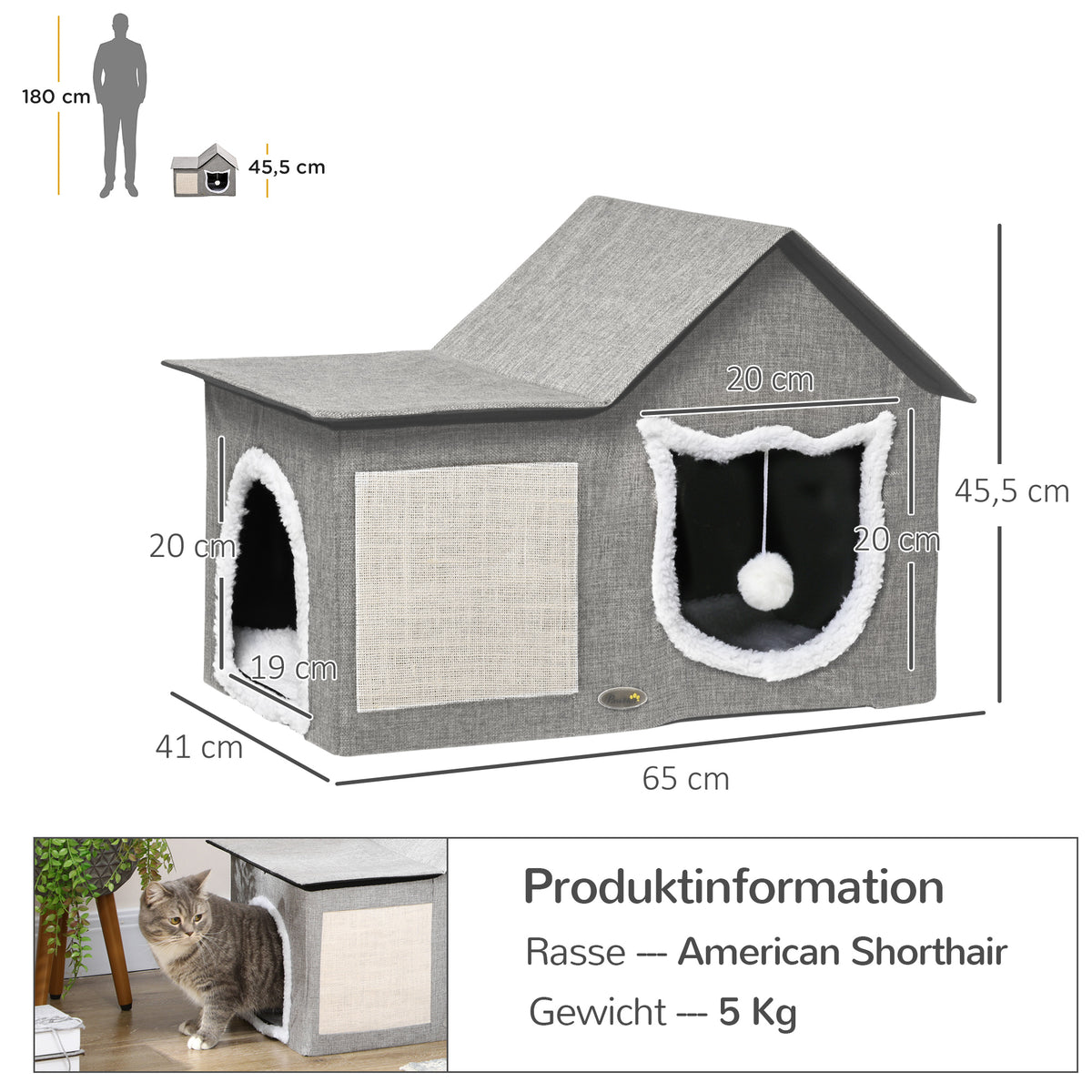 Katzenhaus mit Kratzfläche, inkl. Spielball, Katzenhöhle, 65 cm x 41 cm x 45.5H cm, Braun + Weiß + Beige