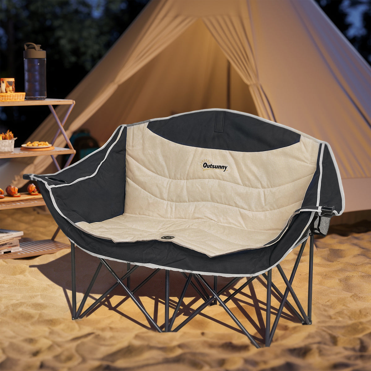 Faltstuhl faltbar 2 Sitzer Campingstuhl mit Getränkehalter Tragetasche bis 250kg belastbar Khaki