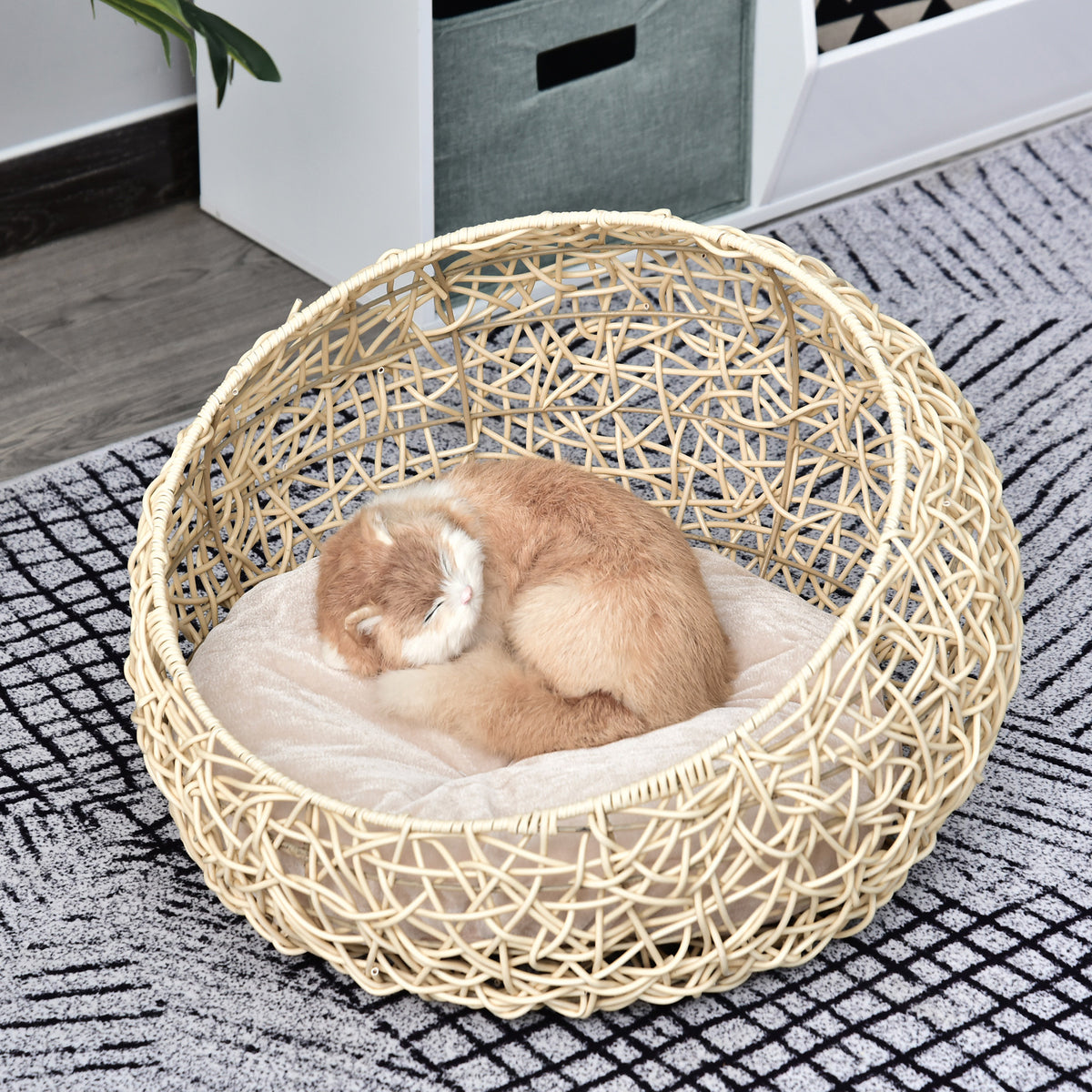 Rattan Katzenhöhle Katzenbett Katzenhaus mit Kissen Katzenzelt Haustierhaus für Katzen Hunde Beige Ø56 x 35 cm