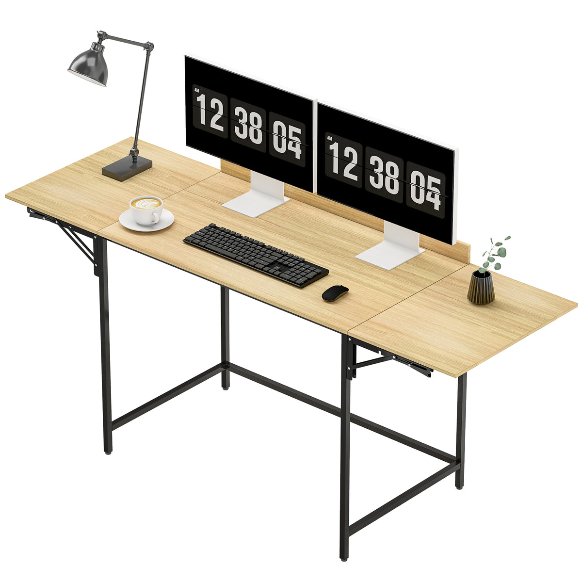 Klappbarer Computertisch mit 2 Ausziehplatten, viel Platz f¨¹r Monitore, Metallbeine, robuste Konstruktion, Eiche+Schwarz