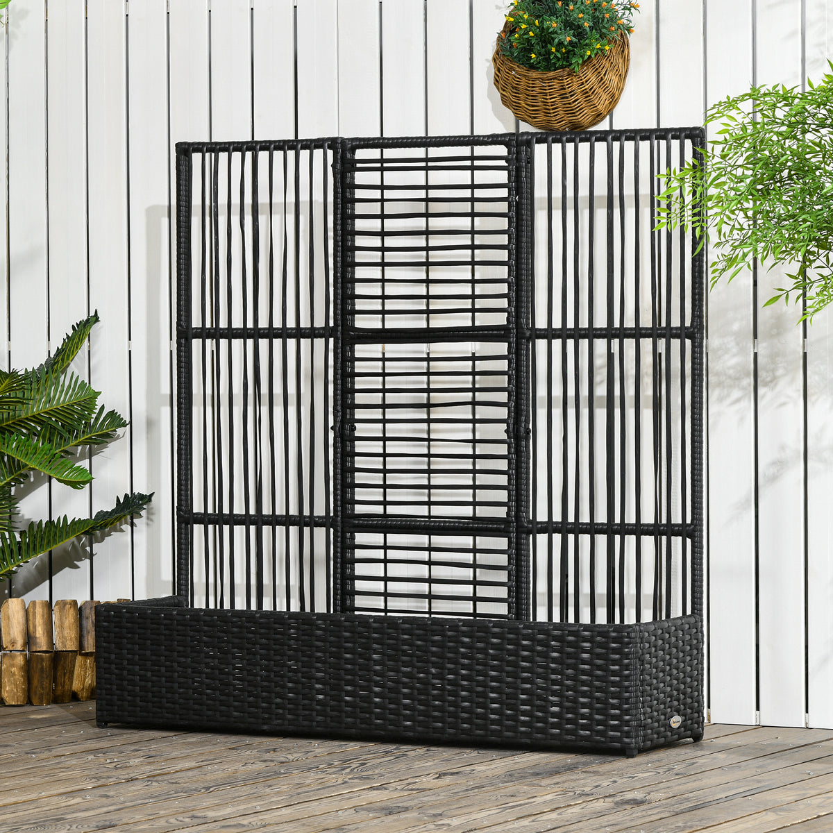 Blumenkasten mit Spalier, wetterfest, Polyrattan, 103 x 29 x 103 cm, Schwarz