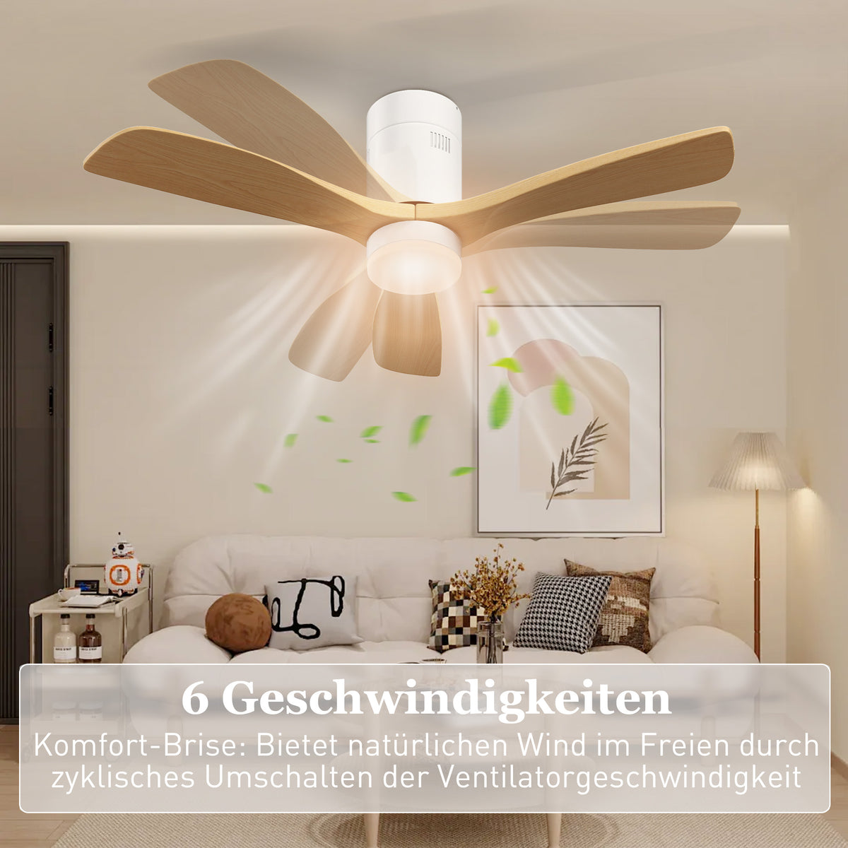 Deckenventilator mit LED-Licht, 6 Geschwindigkeiten, Fernbedienung, Hellbraun