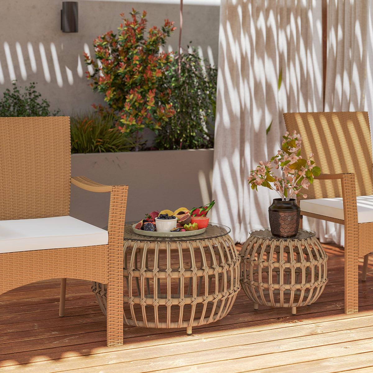 2er Set Beistelltisch Polyrattan ?66/42 cm rund wetterfest Gartentisch mit Glasplatte Braun