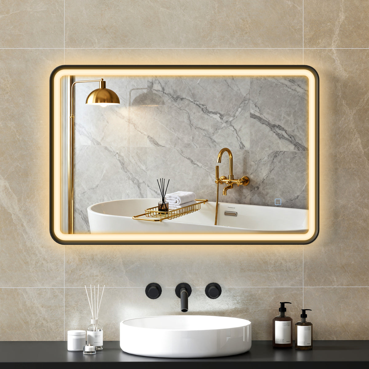 90 x 60 cm LED-Badezimmerspiegel, Lichter, 3 Farben, dimmbar, Memory-Funktion, horizontal und vertikal, Schwarz