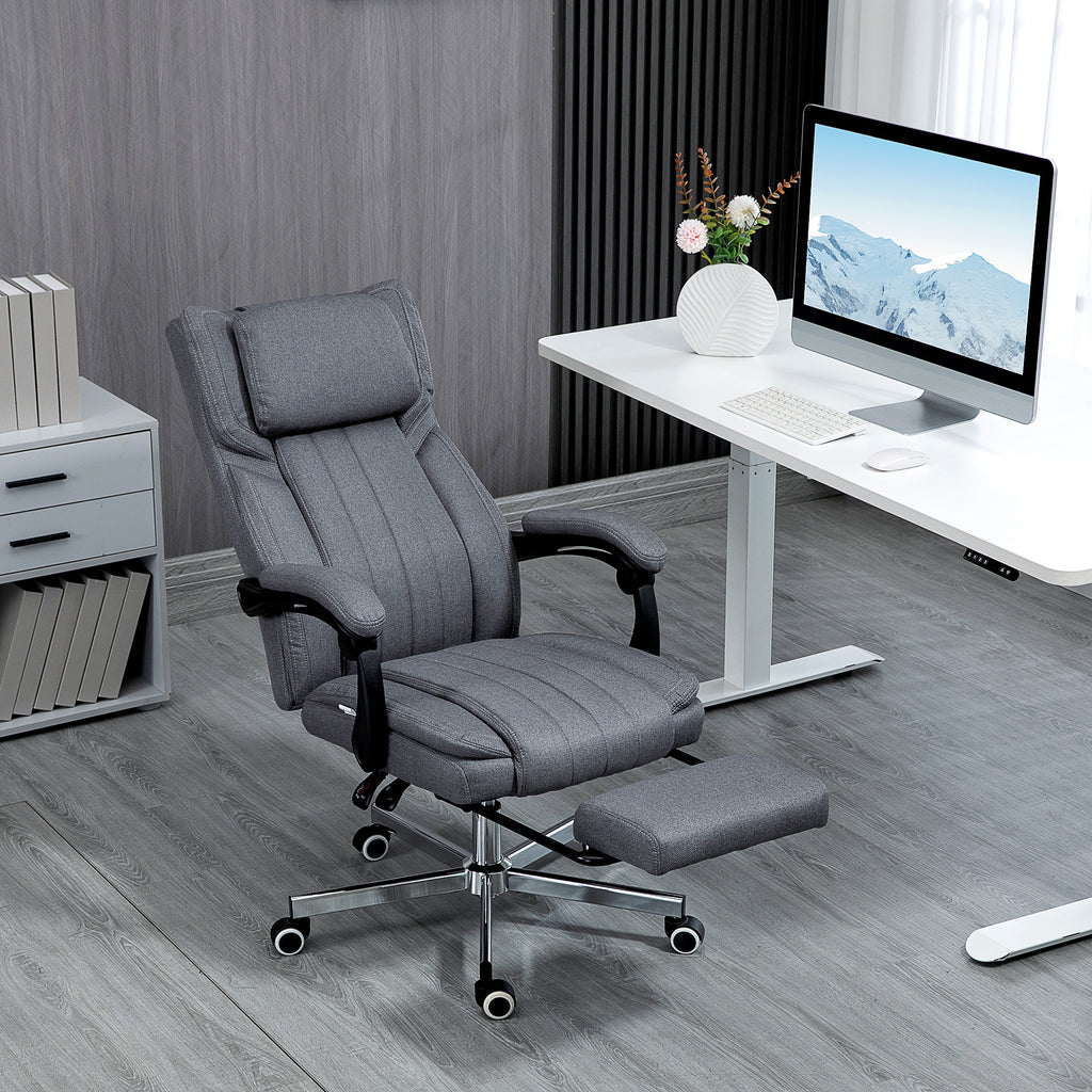 B¨¹rostuhl mit Massagefunktion, neigbare R¨¹cklehne, ausziehbare Fu?st¨¹tze, Leinenoptik, grau, 65 x 61 x 118 cm
