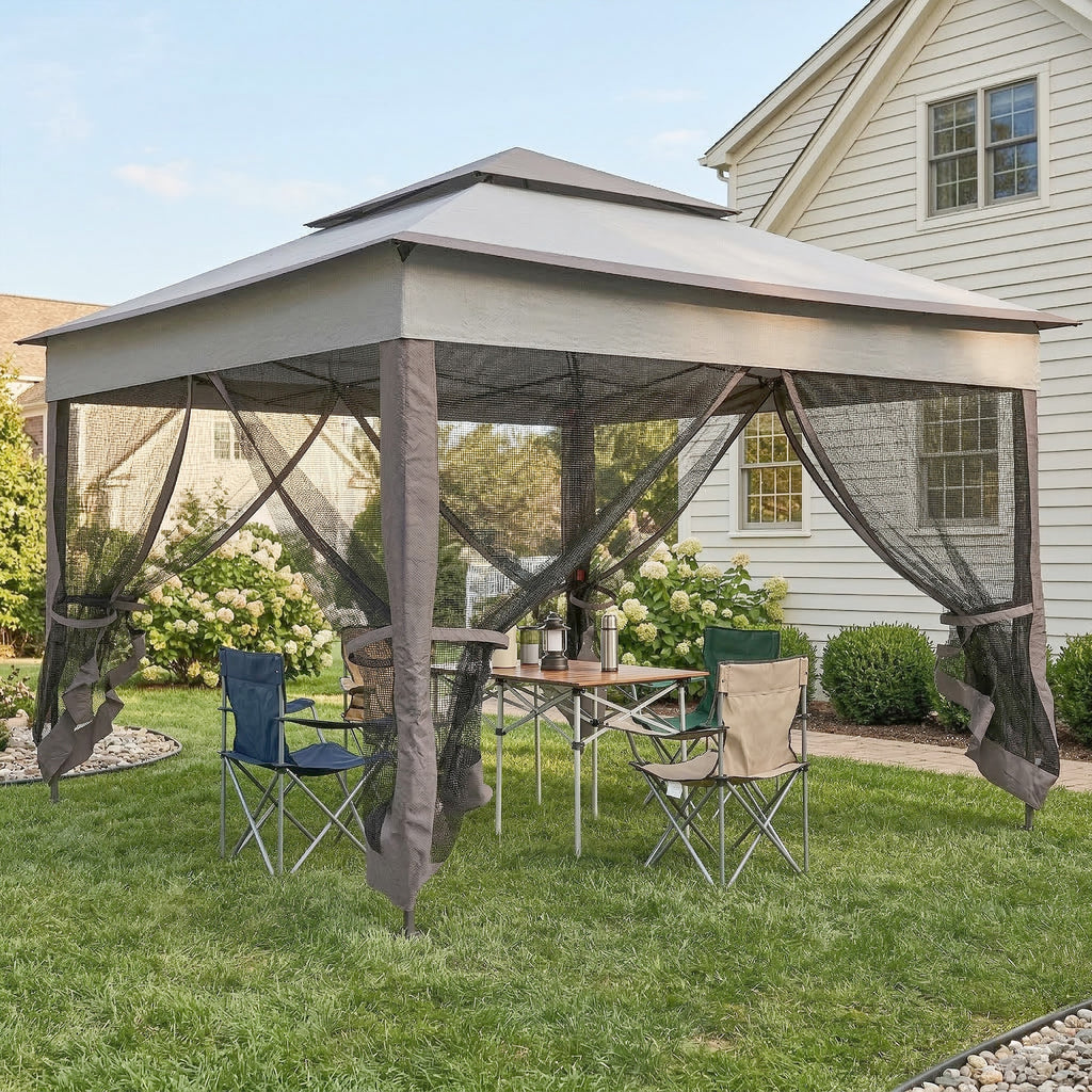 3.25 x 3.25m Deluxe Metal Gazebo, with Curtains - Brown and Grey