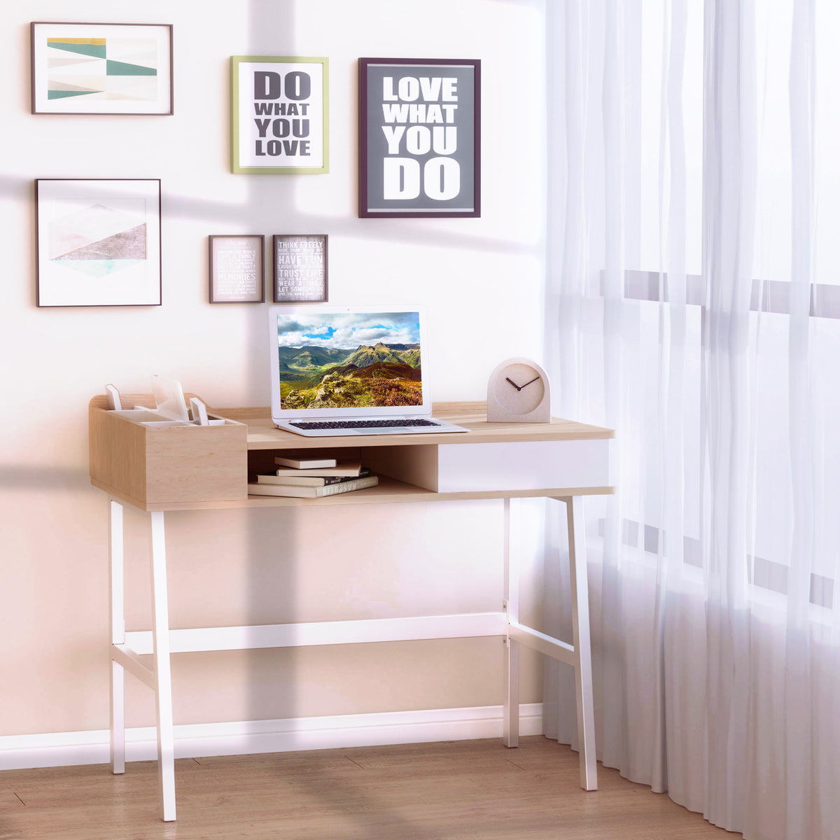  Computer Desk, Writing Desk, Study Workstation with Drawer, Storage Compartments, Cable Management, Laptop Table, Metal Frame, 100 x 55 x 81.5cm, Oak and White