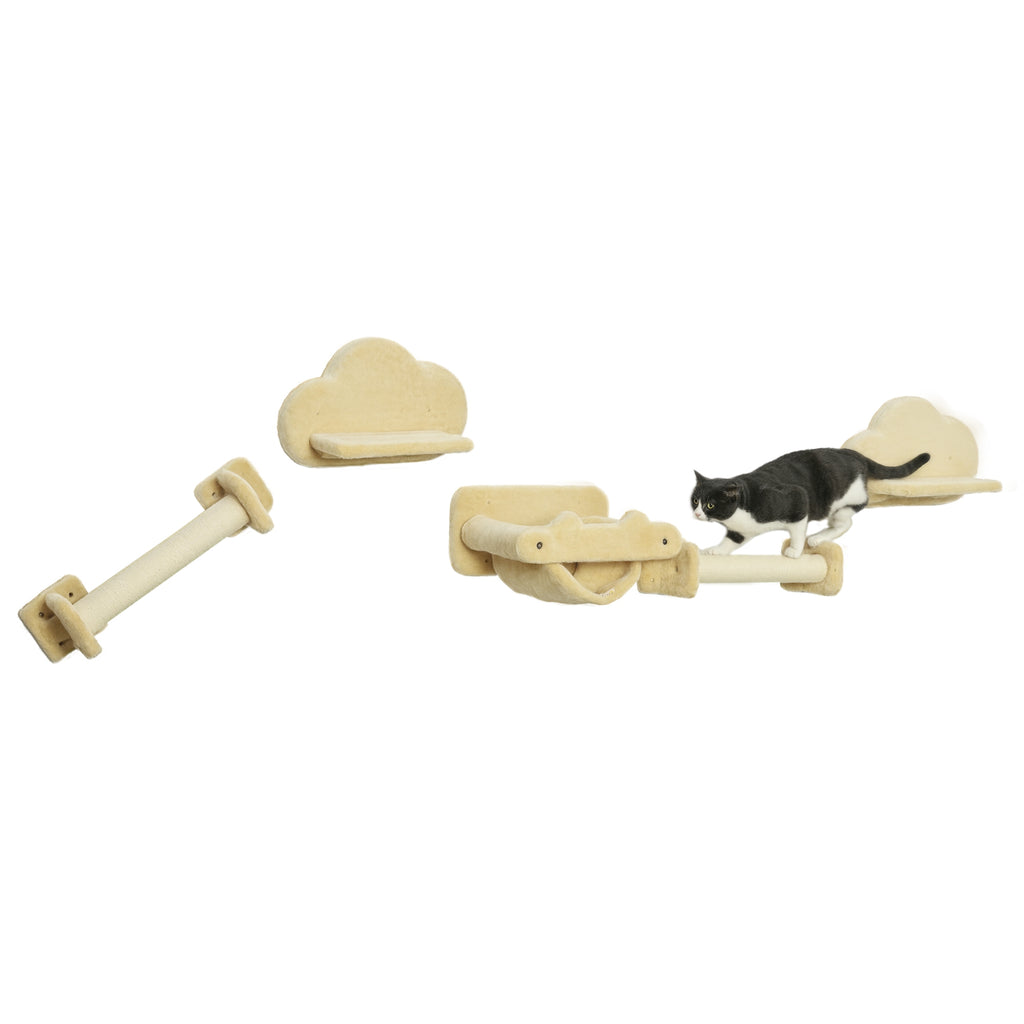 Katzentreppe, 5-teiliges Set, 2 Kratzstämme, 2 Plattformen mit Plüschbezug, Hängematte, beige