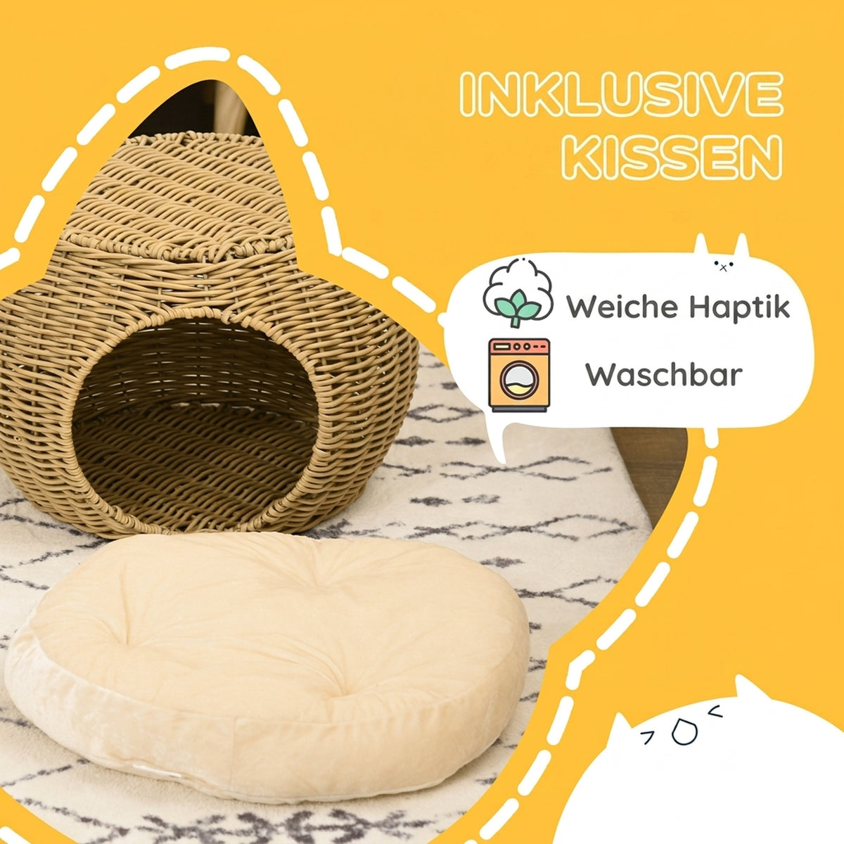 Katzenkorb Rattan zweistöckig Katzenbett Katzenkörbchen mit Kissen Vordertür für Katze unter 3,5 kg Ø40 x 30 cm