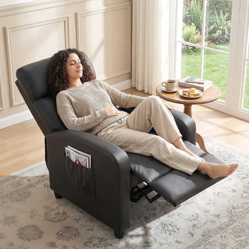 Relaxsessel Fernsehsessel mit Vibrationsmassage, Massagesessel mit Liegefunktion, 2 Massagepunkte, TV Sessel mit Fernbedienung, Seitentasche, Kunstleder für Wohnzimmer, Schwarz