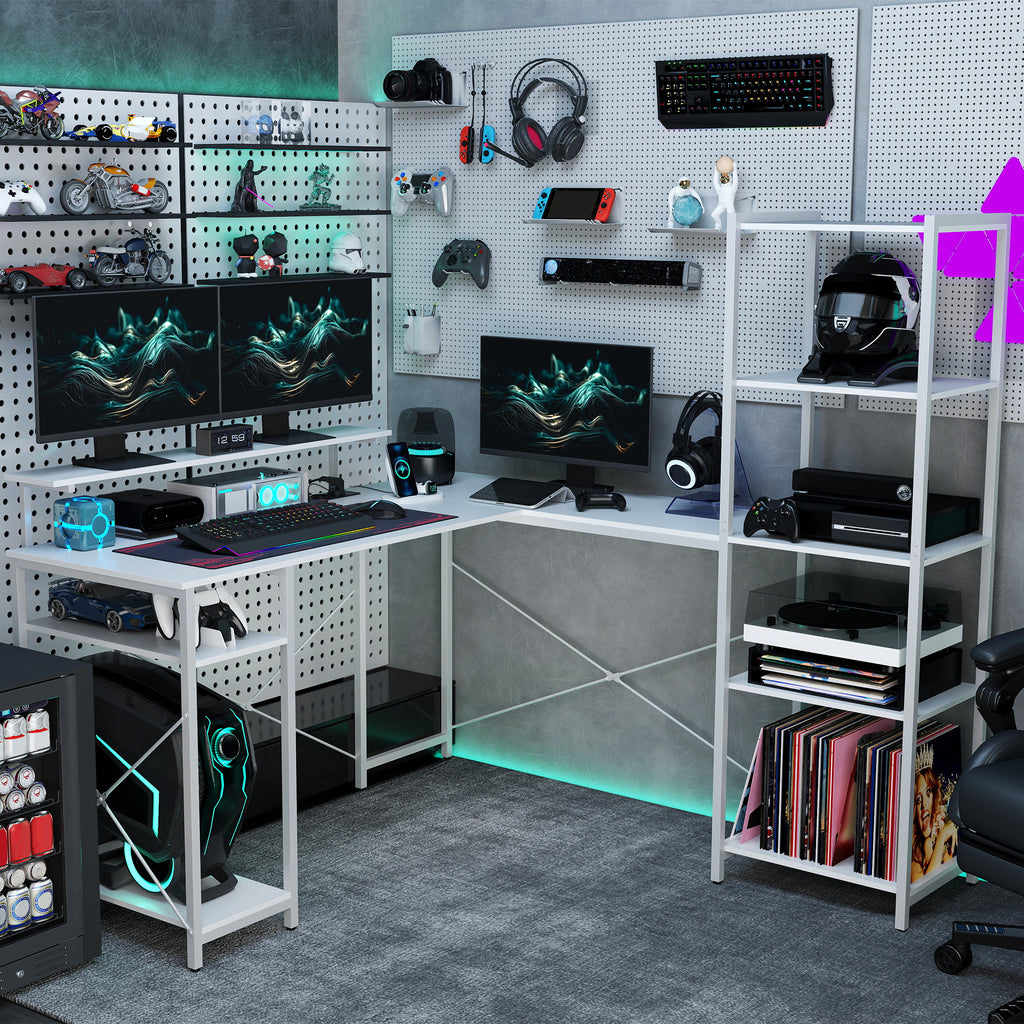 L-f?rmiger Schreibtisch mit Ladestation, Eck-Computertisch mit Monitorst?nder und Regalen, f¨¹r Homeoffice, B¨¹ro, Wei?