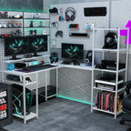 L-f?rmiger Schreibtisch mit Ladestation, Eck-Computertisch mit Monitorst?nder und Regalen, f¨¹r Homeoffice, B¨¹ro, Wei?