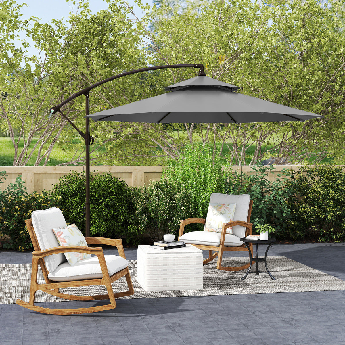  Sonnenschirm Ampelschirm ?2,67 x 2,45?m Kurbelschirm mit Doppeldach Kreuzbasis Stahl Outdoor Sonnenschutz Polyester Stahl Hellgrau