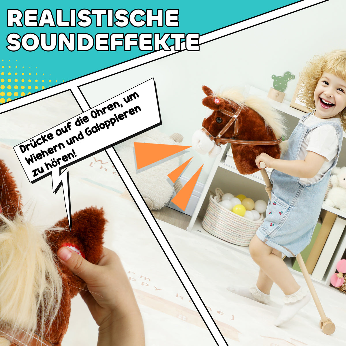 Stick Horse with Wood Wheels, Real Pony Neighing and Galloping Sounds, Grip Handle, 95 cm, Brown