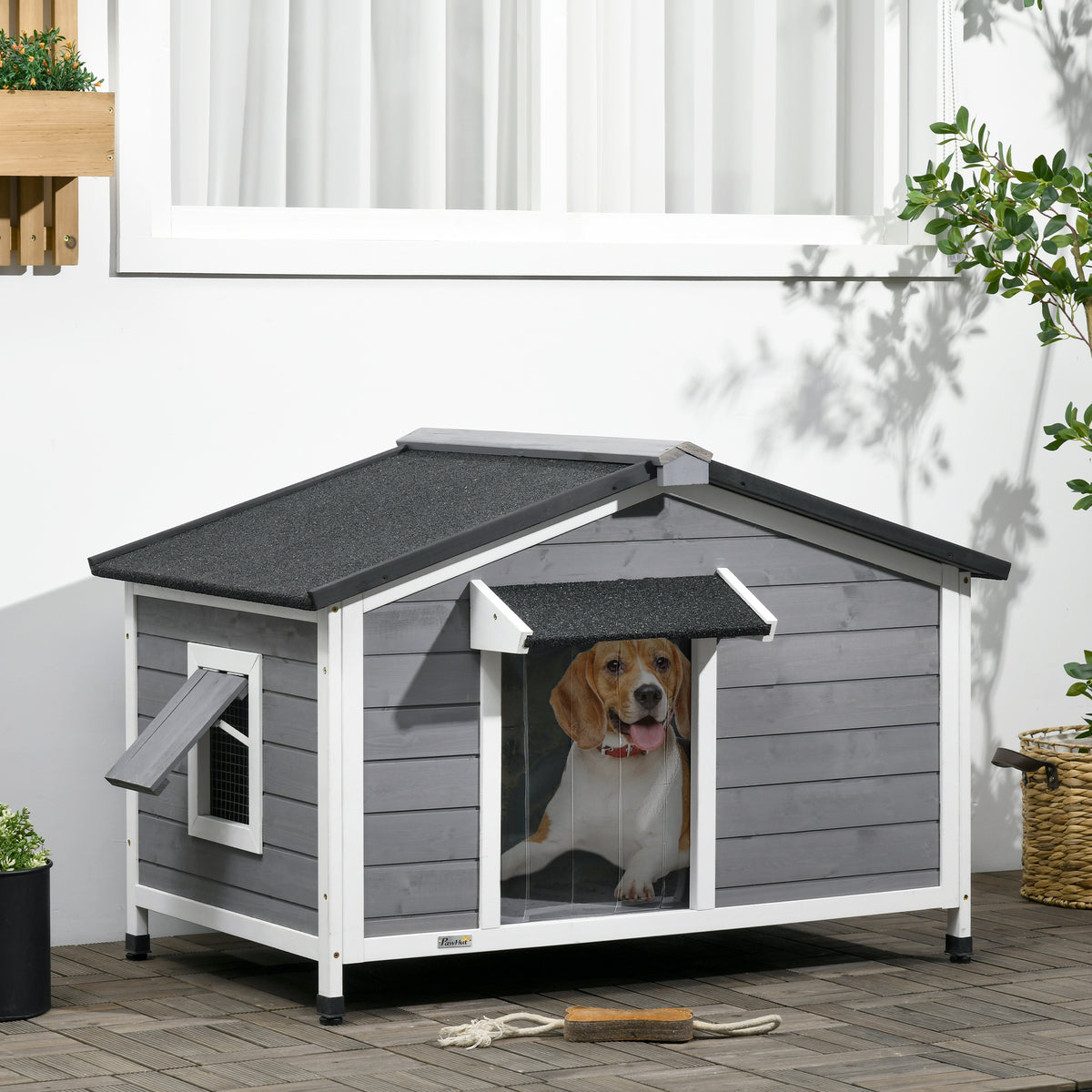 Wooden Dog Kennel for Outside, for Medium Dogs, 72H x 109L x 79Wcm, Grey
