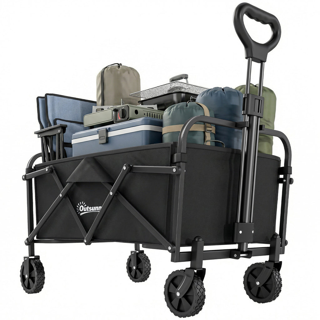 Bollerwagen Faltbarer Handwagen mit Griff Verstellbarer Griffhöhe bis 68 kg Tragkraft für Sport Einkauf Camping Schwarz
