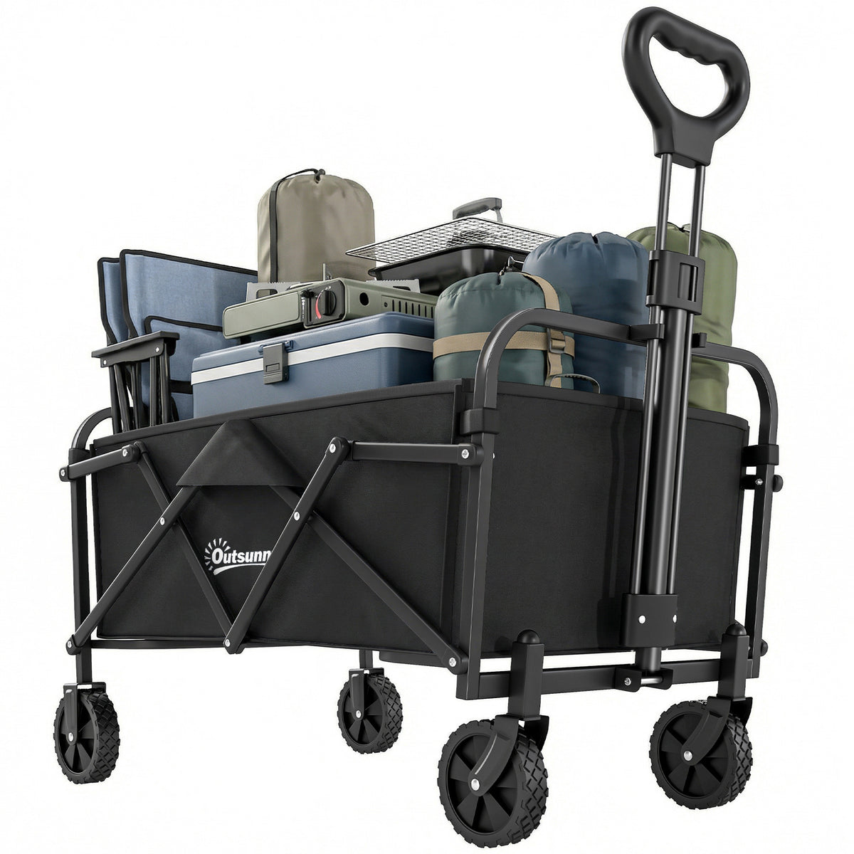 Bollerwagen Faltbarer Handwagen mit Griff Verstellbarer Griffhöhe bis 68 kg Tragkraft für Sport Einkauf Camping Schwarz