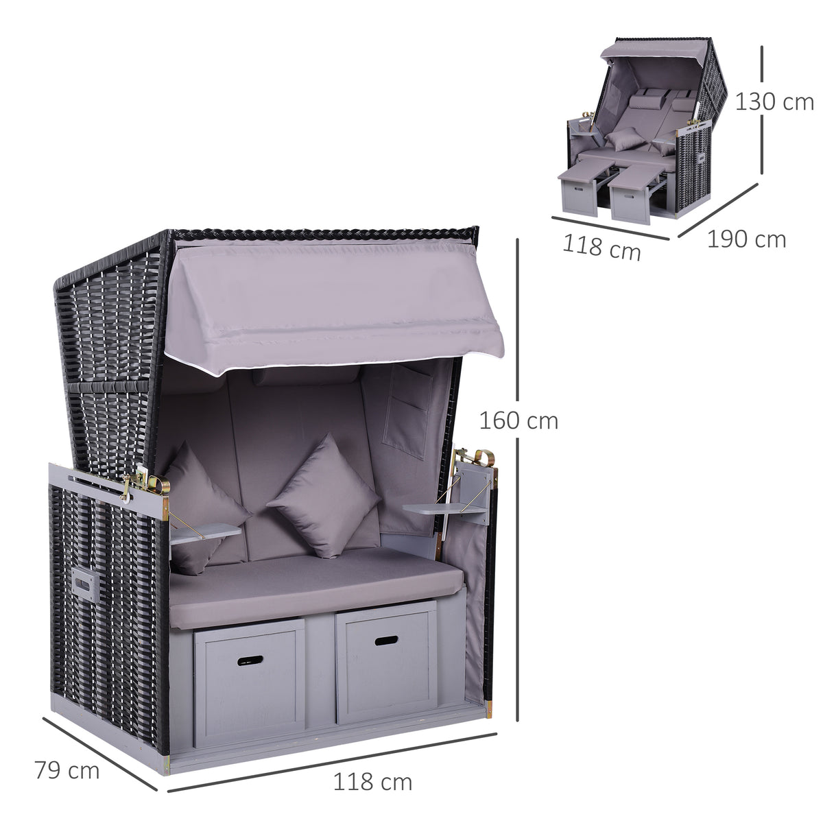 Strandkorb für 2 Personen mit neigbarer Rücklehne Grau 118 x 79 x 150cm