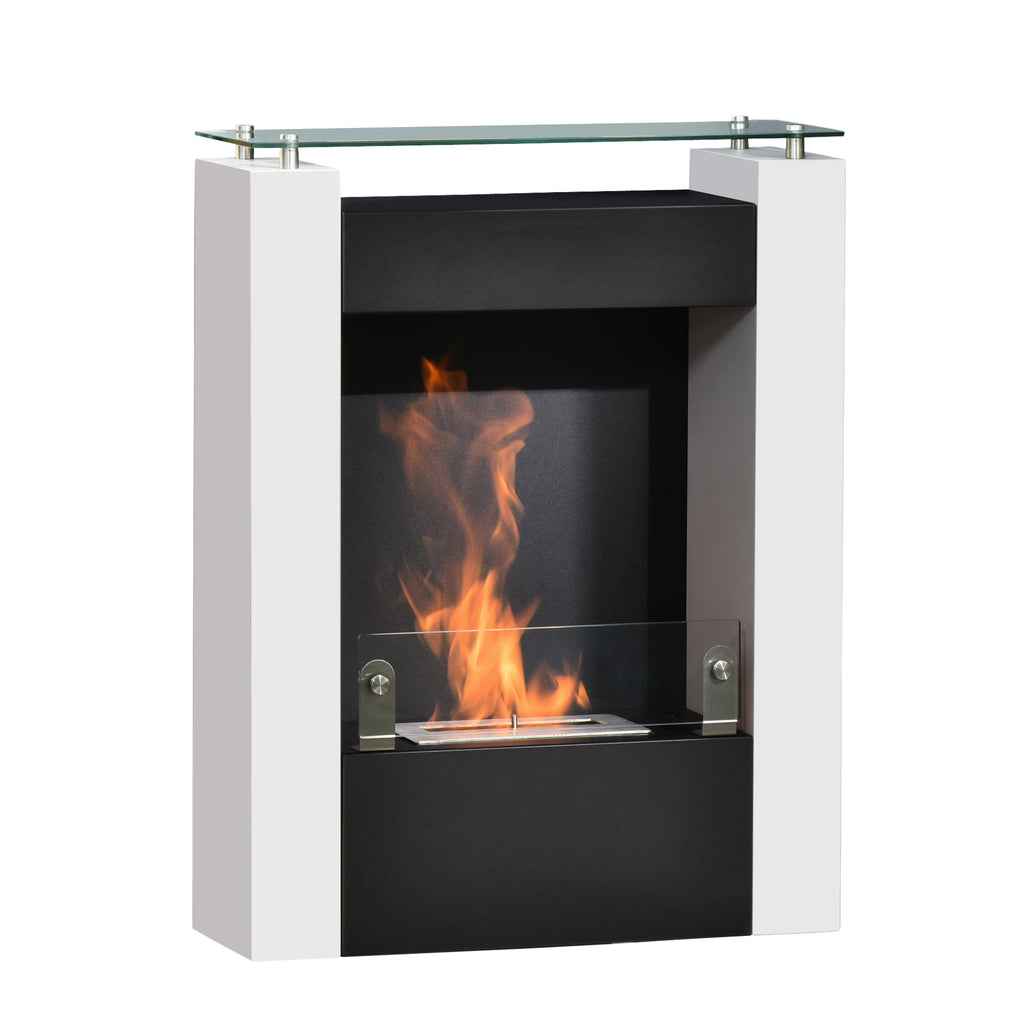 Ethanol-Kamin Bio-Ethanol-Brenner 1993W 1,5L 3 Std. Brenndauer kein Rauch frei stehend Stahl Edelstahl gehärtetes Glas Weiß+Schwarz 60 x 20 x 79 cm