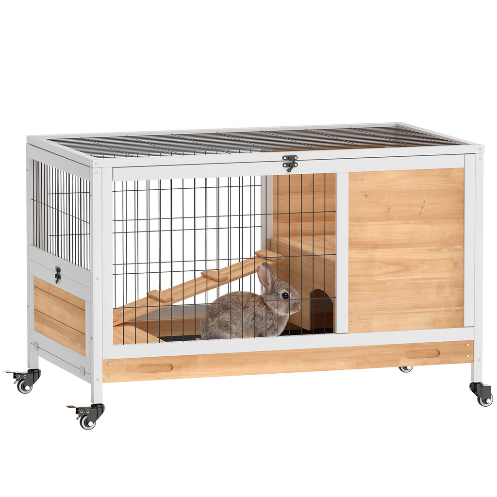 Wooden Guinea Pig Hutch, 2-Floor Bunny Cage w/ Enclosed Run Area, Yellow