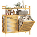 Double Tilt Out Bamboo Laundry Cabinet, Freestanding Bathroom Cabinet with 2 Removable Baskets, Natural