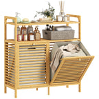 Double Tilt Out Bamboo Laundry Cabinet, Freestanding Bathroom Cabinet with 2 Removable Baskets, Natural
