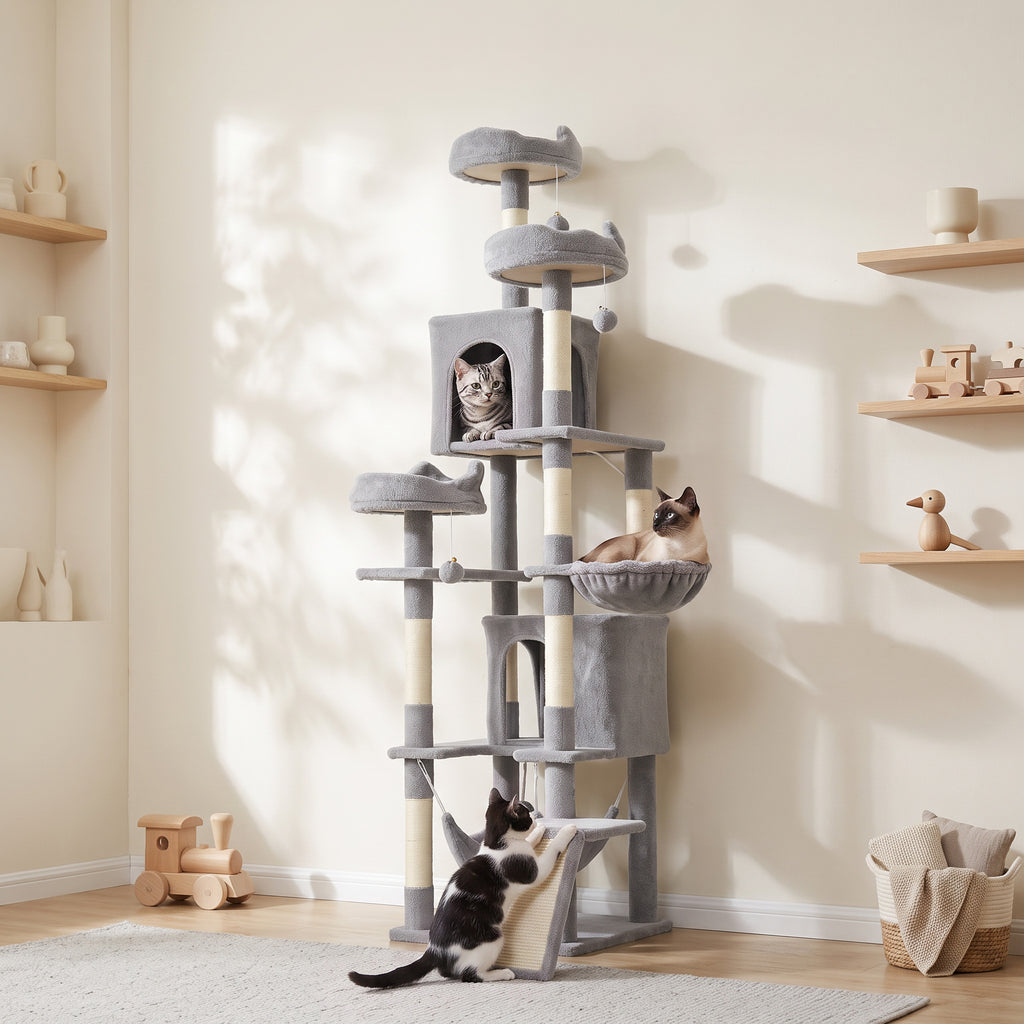 Cat Tree, 192 cm Large Multi-Level Cat Tower for Indoor Kittens with 8 Scratching Posts, 3 Plush Beds, 2 Hammocks