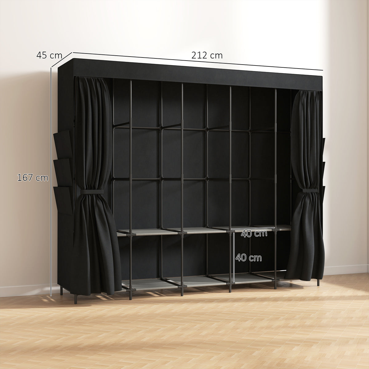Stoff-Kleiderschrank, staubdicht, tragbar, 5 Kleiderstangen, 212 x 45 x 167 cm, Schwarz