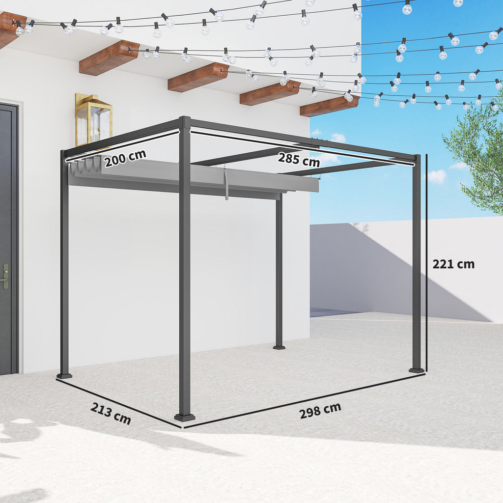 3 x 2m Metal Outdoor Pergola with Retractable Roof, Outdoor Gazebo Canopy Shelter with Drainage Holes for Garden, Patio, Lawn, Grey