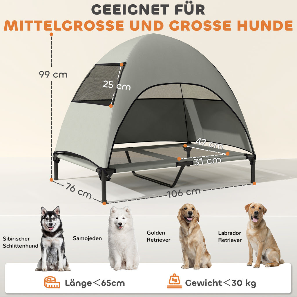 Hundeliege Outdoor mit Dach, Erh?htes Hundebett f¨¹r Gro?e Hunde, 106 x 76 x 99 cm, Hellgrau