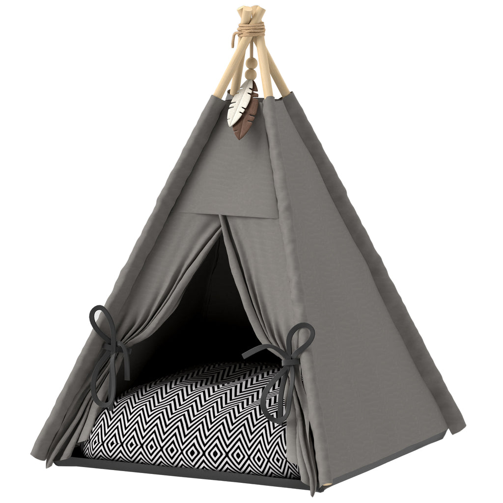 Tipi-Zelt für Haustiere, Tierbett im Tipi-Design, Katzenzelt mit Kissen, Hundebett zum Schlafen, Katzenbett, Grau
