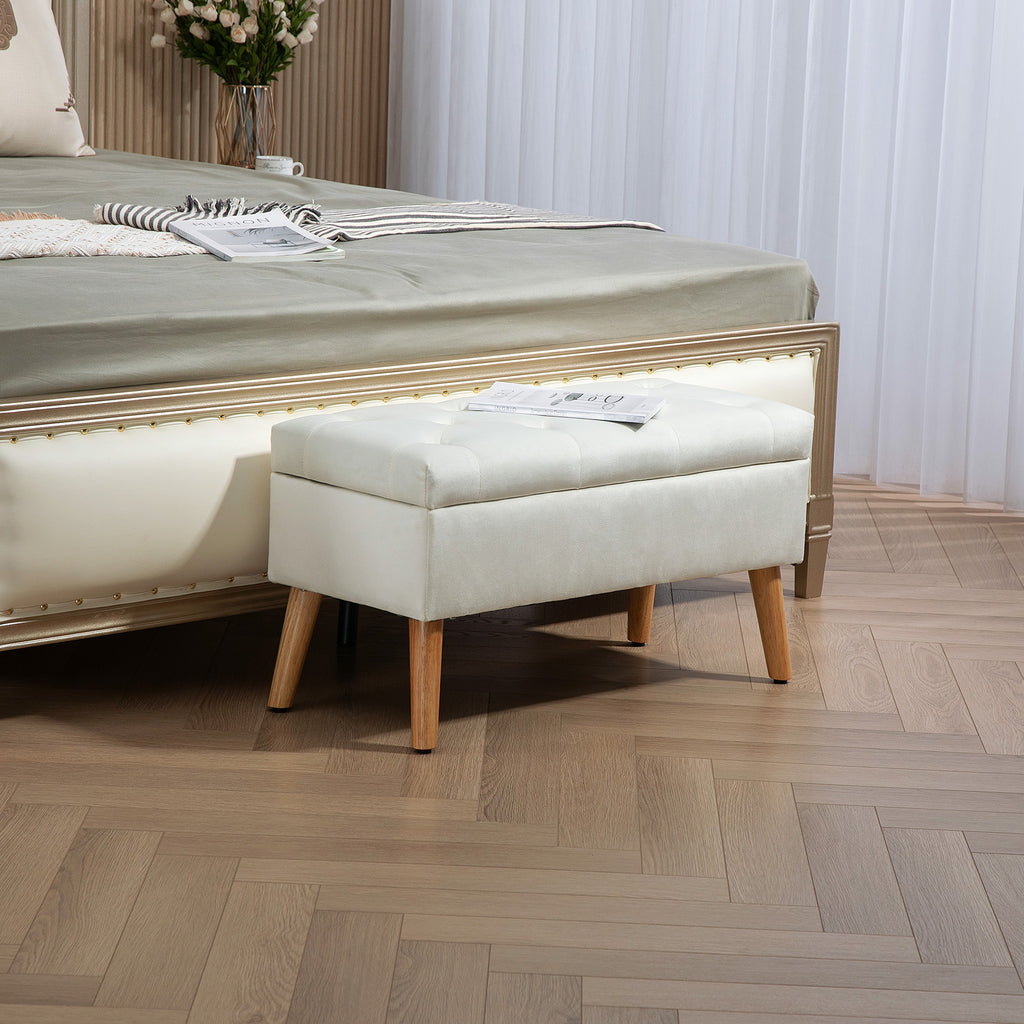 Polsterbank mit Stauraum, Stoffbezug in Samtoptik, Holzbeine, für Wohnzimmer, Schlafzimmer, Flur, 80 x 35 x 42 cm, Weiß