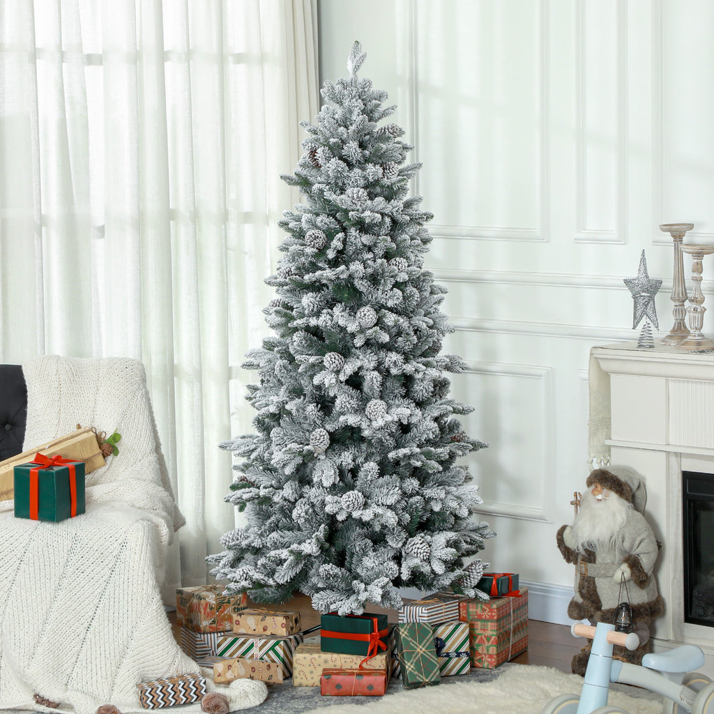 Künstlicher Weihnachtsbaum, Kunstschnee & Tannenzapfen, realistisch, flammhemmend, Metallfuß, 183 cm, Grün