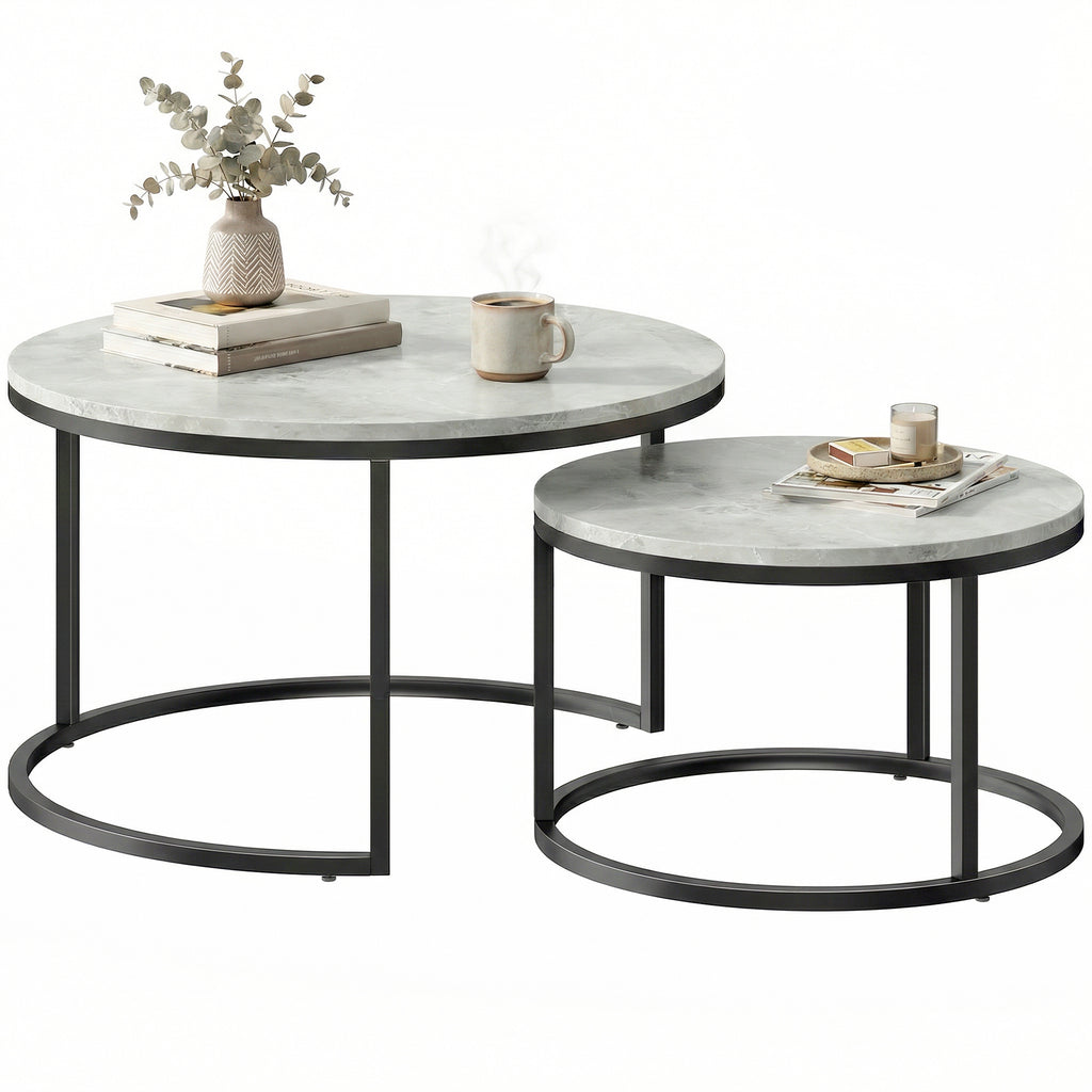 Set of Two Marble-Effect Stacking Tables - Grey