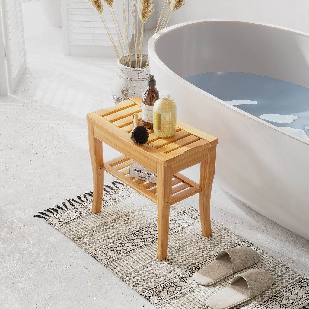 45cm 2-Tier Slatted Shower Bench Storage Seat w/ 4 Legs Comfortable Safe Bathroom Stool Spa Bath Organiser