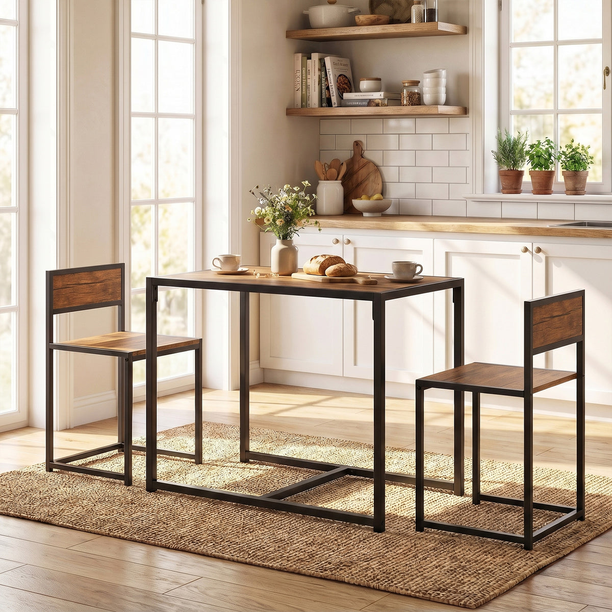 Dining Table and Chairs Set 2, Dining Room Sets, Rectangular Space Saving Table and 2 Chairs for Compact Kitchens, Steel Frame, Natural