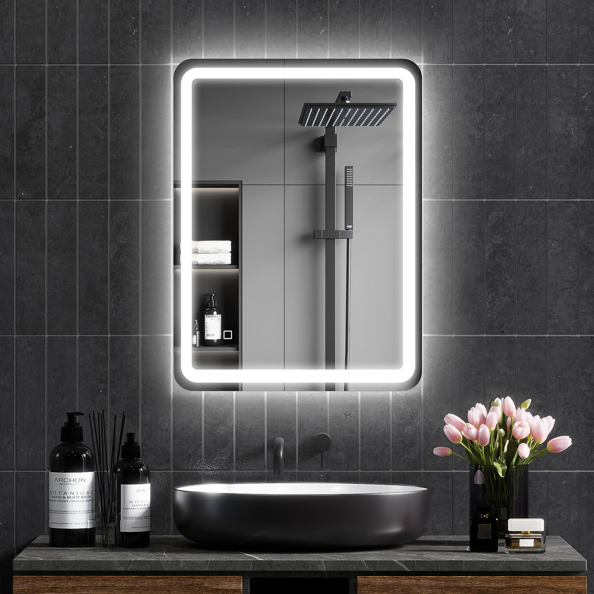 Badezimmerspiegel, beleuchtet, Touch-Steuerung, beschlagfrei, dimmbar, 3 Lichtfarben, 60 x 80, Silber