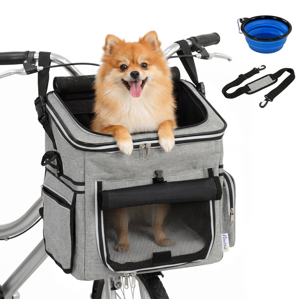 Hundekorb Fahrrad Vorne Tragbar Hundefahrradkorb mit Sicherheitsleine Kissen Schüssel für Kleine Hunde bis 5kg Hellgrau