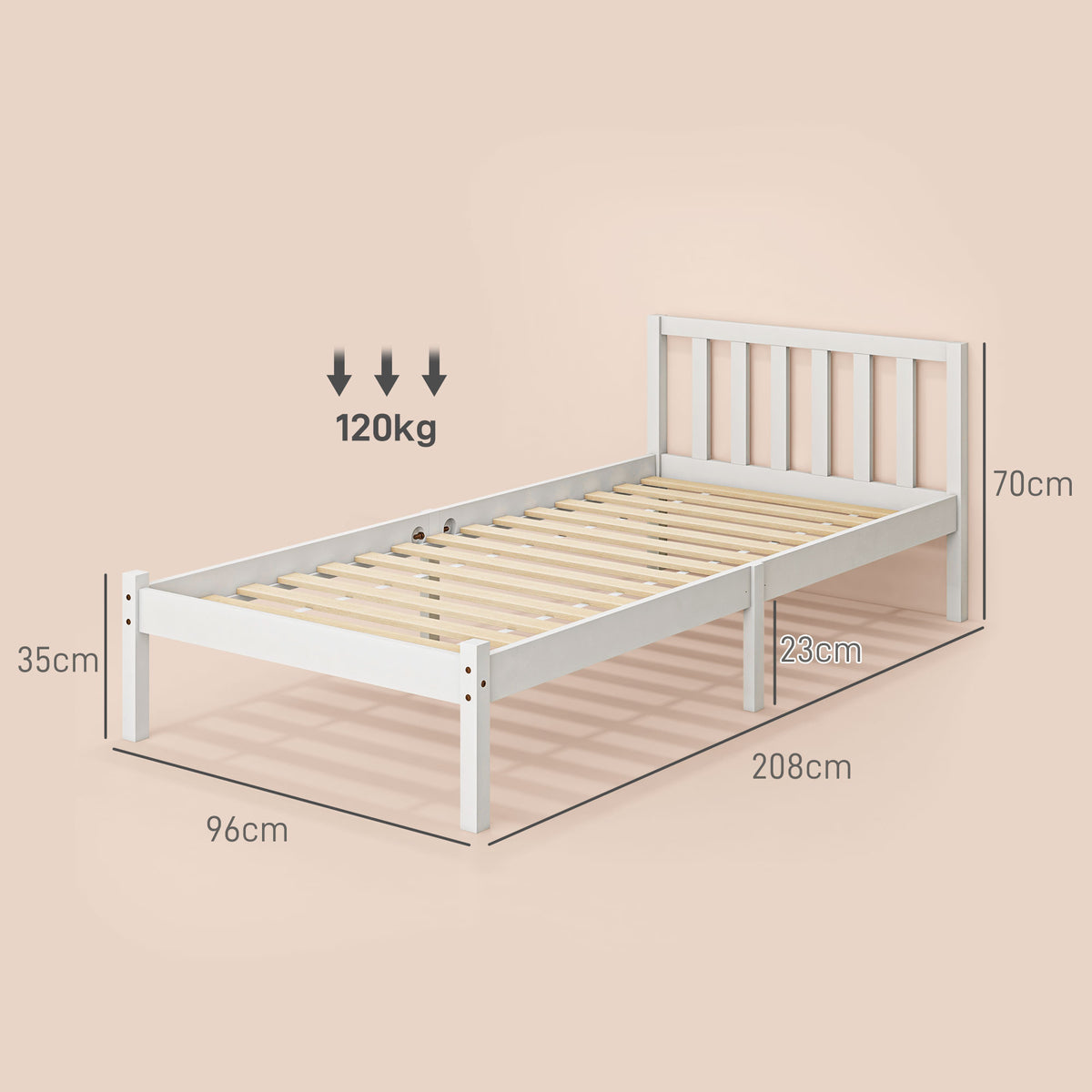 Einzelbettgestell, Kopfteil & Lattenrost, 26cm Freiraum unter Bett, Kiefernholz, 208x96x70 cm, Wei?