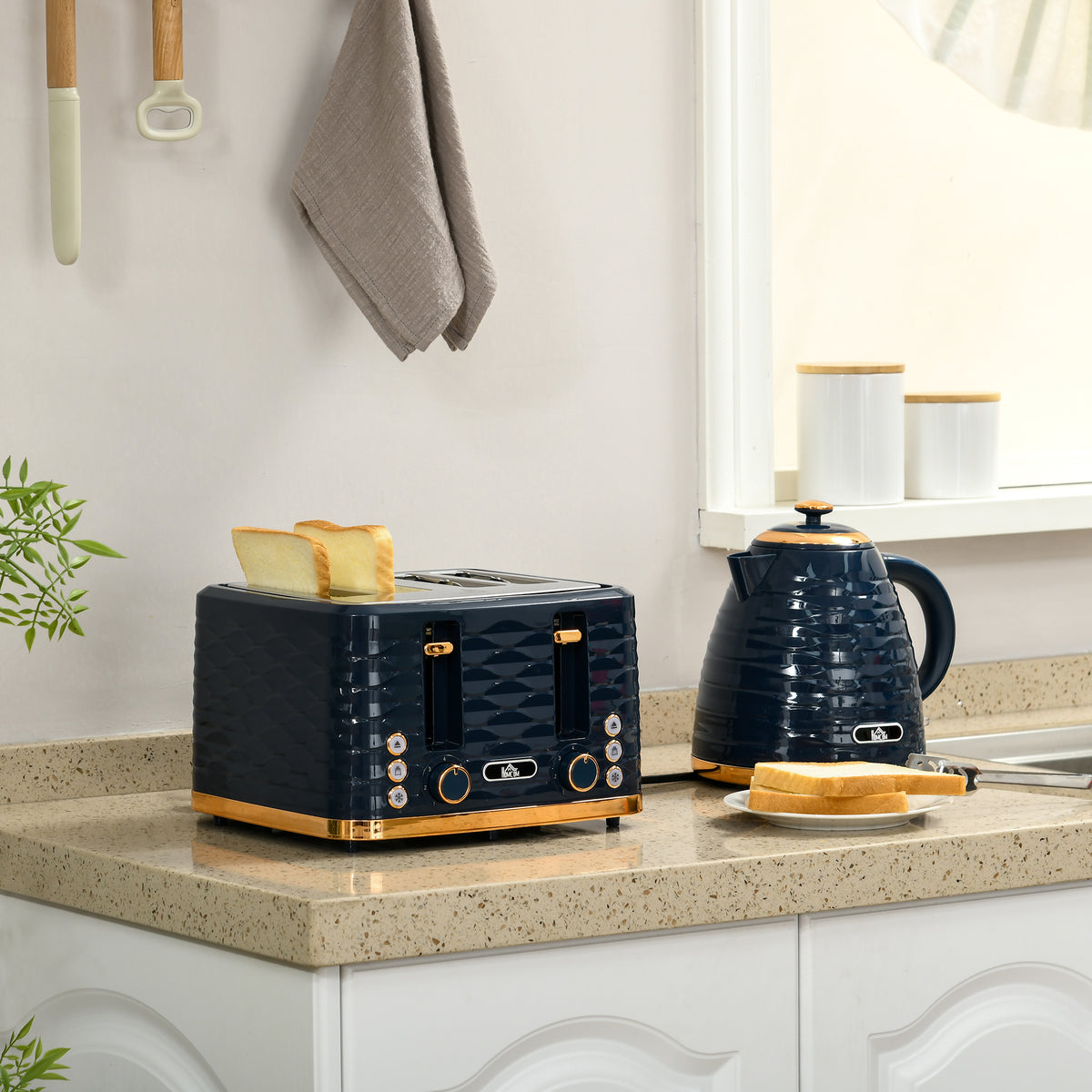 2-in-1 Toaster- und Wasserkocher-Set, 7 Br?unungsstufen, Auftau- und Aufw?rmfunktion, Blau