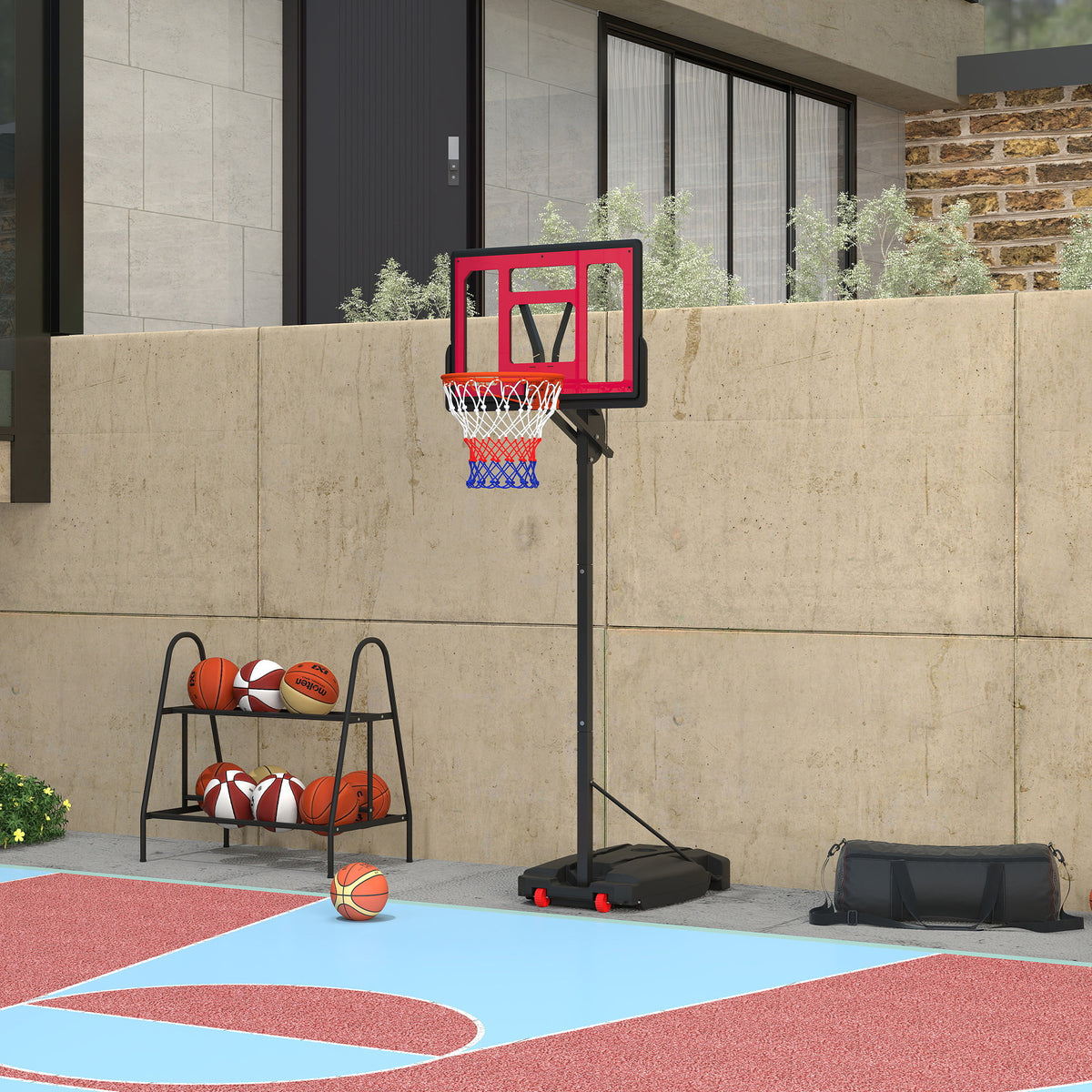 Basketballkorb, Outdoor-Basketballkorb für Jugendliche 200-260 cm höhenverstellbar, mit Rädern, Rot
