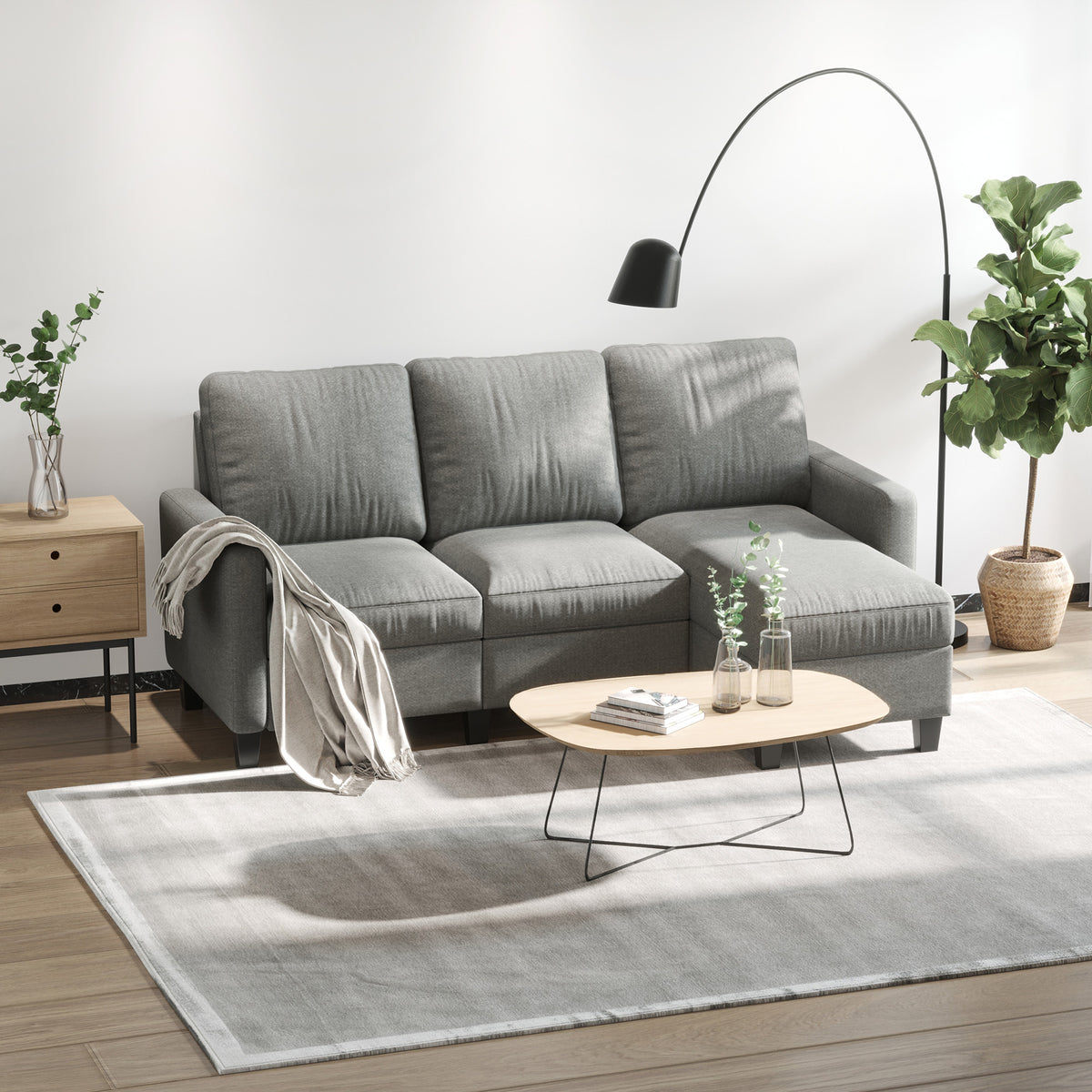 Ecksofa, 3-Sitzer-Sofa mit Kissen, Eckcouch, L-Form Couch, Stoffbezug, Grau